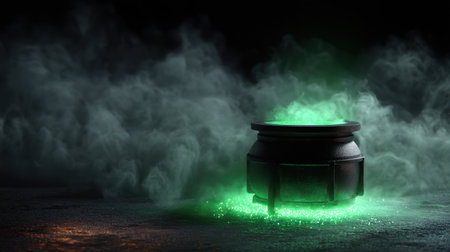 A captivating image of a black cauldron surrounded by wisps of green smoke, creating a mysterious and enchanting atmosphere ideal for Halloween or fantasy themes.の素材