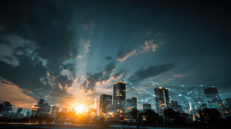A captivating sunset illuminates a city skyline, showcasing skyscrapers with a digital network overlay. This image represents technology, innovation, and urban beauty.の素材