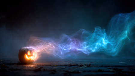 This captivating image features a jack-o'-lantern emitting a warm glow, surrounded by swirling ethereal smoke, set against a mysterious dark background, evoking Halloween spirit.の素材