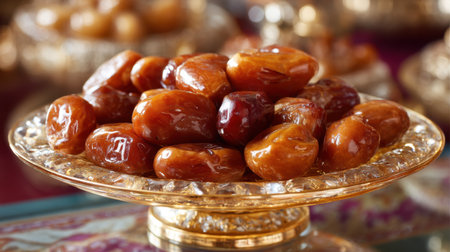 This image showcases a beautiful arrangement of fresh dates on an elegant golden plate, emphasizing their natural sweetness and cultural significance in festive occasions.の素材