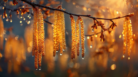 A stunning close-up of golden catkins adorned with morning dew, illuminated by warm sunlight, highlighting nature's beauty in a serene and peaceful outdoor setting.の素材