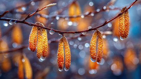 This stunning image captures the beauty of orange catkins, delicately adorned with dew drops, hanging gracefully from a branch in a peaceful forest.の素材