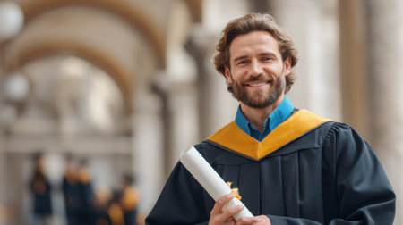 A joyful young male graduate stands in a historic college courtyard, proudly holding his diploma and smiling, celebrating a significant educational milestone in his life.の素材