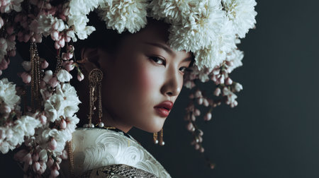A captivating portrait of a woman with a stunning floral headpiece, blending traditional beauty with artistic flair, highlighted by soft lighting and dynamic shadows.の素材