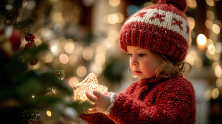A delightful child in a knitted red hat and sweater examines a sparkling star ornament. The warm atmosphere is filled with festive lights and joyful holiday spirit.の素材