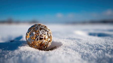 A stunning golden decorative sphere rests on a blanket of fresh snow, bathed in natural light, against a backdrop of a vibrant blue sky, creating a serene winter scene.の素材