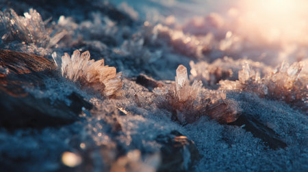 This stunning close-up showcases beautiful crystal formations glimmering under sunlight, creating a magical winter landscape filled with shimmering ice and frost.の素材