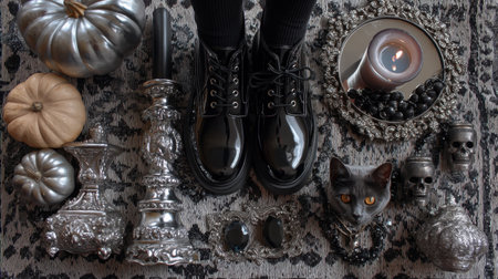 A captivating flat lay featuring stylish black shoes surrounded by silver decorations, pumpkins, a candle, and a curious cat, creating a cozy Halloween atmosphere.の素材