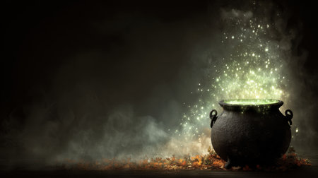 A captivating cauldron emits swirling smoke and glowing sparkles on a dark, atmospheric background, perfect for Halloween or fantasy-inspired projects.の素材