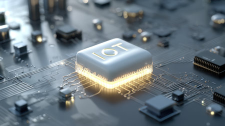 A close-up view of a futuristic microchip featuring an illuminated IoT symbol, set on a detailed circuit board, exemplifying the future of technology and connectivity.の素材