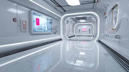 Explore a sleek and modern corridor featuring bright illumination, high-tech screens, and a polished floor, representing advanced design in a futuristic setting.の素材