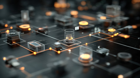 A visually striking digital network visualizing connections among data nodes, featuring glowing lines and holographic elements that represent modern technology.の素材