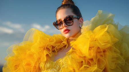A vibrant portrait of a confident young woman in a stunning yellow dress with ruffles, showcasing oversized sunglasses against a bright blue sky. Perfect for fashion inspiration.の素材