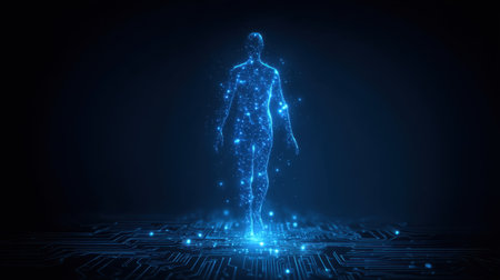 A captivating futuristic human figure glowing with light, standing in a digital universe on a circuit board background, embodying themes of technology and innovation.の素材