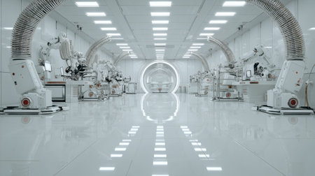 Explore a pristine, modern robotic laboratory featuring advanced machines designed for automation and research, emphasizing precision and innovation in technology and engineering.の素材