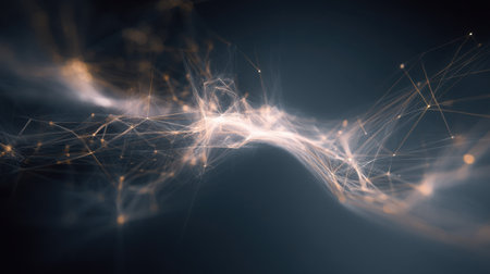 This image features flowing abstract light trails intertwined with glowing particles, set against a dark background, creating a sense of depth and motion.の素材