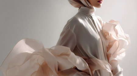 Captivating portrait of an elegant woman adorned in soft flowing fabric, embodying contemporary fashion and grace, perfect for artistic and fashion-related projects.の素材