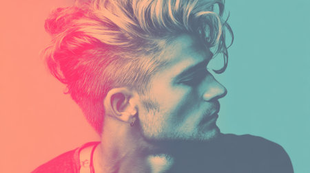 A captivating profile portrait of a young man emphasizing modern hairstyle trends, with vibrant colors that enhance the artistic composition and stylish aesthetic.の素材