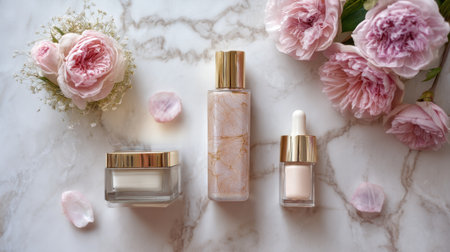 A serene display of skincare products surrounded by beautiful flowers and petals, perfect for highlighting beauty and self-care in a stylish and elegant way.の素材
