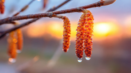 Stunning close-up view of bright orange catkins adorned with water droplets, set against a beautiful soft-focused sunset background showcasing nature's beauty.の素材