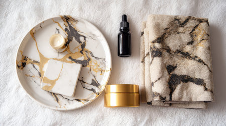 A sophisticated flat lay showcasing a marble-patterned tray featuring skincare products and fluffy towels, perfect for beauty and relaxation themes in modern decor.の素材