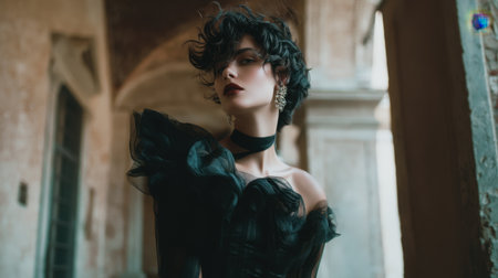 A striking portrait of a woman in a stunning black dress, exuding elegance amidst ancient architecture. The scene captures beauty, artistry, and confidence in a timeless manner.の素材