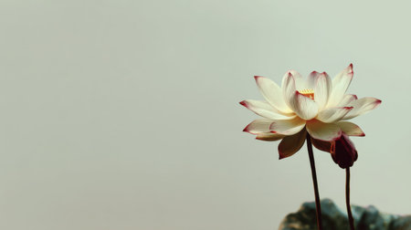A beautiful white lotus flower with soft petals and delicate pink edges stands gracefully against a minimalist background, perfect for relaxation themes and nature aesthetics.の素材