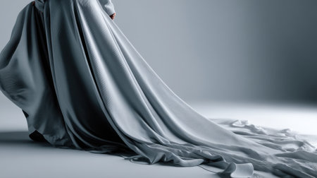 A stunning display of flowing gray fabric creates an elegant and serene atmosphere in this minimalist fashion setting, emphasizing texture and gentle movement.の素材