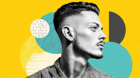 This artistic black and white profile portrait showcases a young man against a vibrant yellow backdrop, accentuated by geometric shapes that enhance a modern and creative vibe.の素材