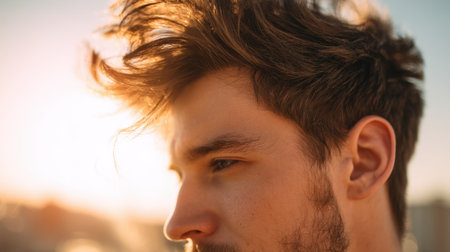 A young man with tousled hair is caught in a reflective moment under warm sunlight, showcasing a relaxed vibe and captivating profile in an outdoor setting.の素材