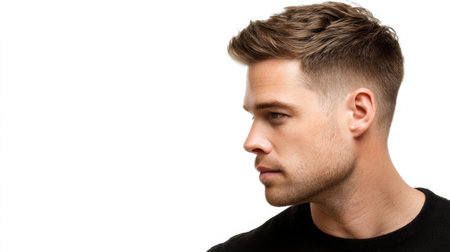 A young man showcases a fashionable haircut and strong facial features in a profile view. The clean white background enhances the modern and stylish look, ideal for grooming and fashion themes.の素材
