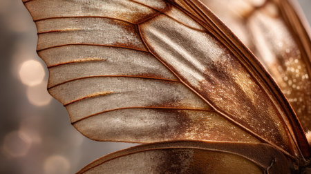 Explore the intricate beauty of a butterfly wing featuring a stunning golden texture. The soft bokeh background enhances the fine details, perfect for nature photography.の素材
