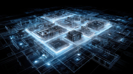 This image illustrates a futuristic urban landscape with a digital blueprint effect, showcasing modern architecture with a neon glow and advanced technology.の素材