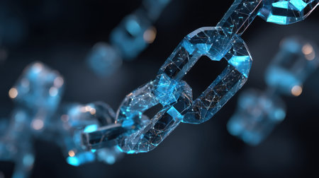 This stunning image features intricate blue crystal-like chain links, beautifully illuminated against a dark background, offering a captivating representation of digital technology concepts.の素材