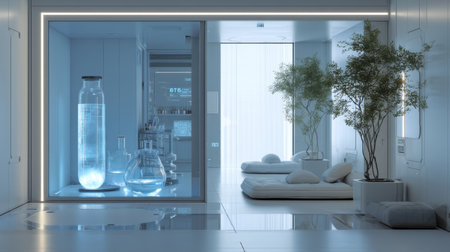 A sleek laboratory interior featuring glass containers and plants, creating a tranquil atmosphere for research and relaxation in a modern, minimalistic setting.の素材