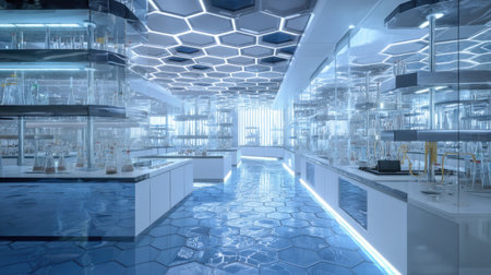 A modern laboratory space showcasing advanced scientific equipment and sleek design. Bright lighting highlights the hexagonal patterns on the floor, creating an innovative atmosphere.の素材
