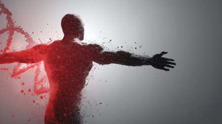 An abstract human figure emerging from a cloud of particles, symbolizing freedom and transformation in a vibrant digital landscape. A striking visual representation of innovation.の素材