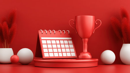A vibrant red calendar alongside a trophy creates a striking centerpiece. This image represents planning, achievement, and celebration ideal for motivational or office decor.の素材