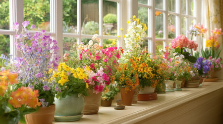 A stunning collection of potted flowers in various colors graces a window sill, creating a cheerful and vibrant atmosphere with a view of the garden beyond.の素材
