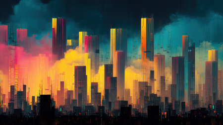 A mesmerizing city skyline during sunset, featuring tall buildings illuminated by colorful hues, contrasting with dark clouds, creating a vibrant urban landscape.の素材