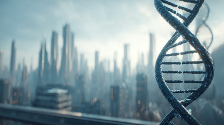 A stunning visual of a DNA helix prominently displayed against a futuristic city skyline, representing the intersection of biotechnology and urban evolution.の素材