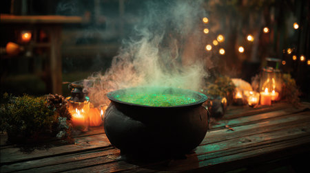 A captivating cauldron sits on a rustic wooden table, surrounded by flickering candles and soft fairy lights, creating an enchanting ambiance perfect for Halloween celebrations.の素材