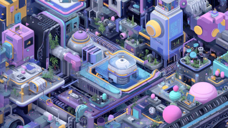 Explore a colorful, futuristic cityscape with unique architecture and playful elements, showcasing a blend of technology and creativity in a vibrant environment.の素材