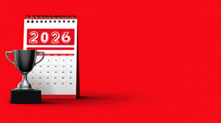 A vibrant red background features a modern trophy next to a calendar marking the year 2026, symbolizing success and future achievements in various endeavors.の素材