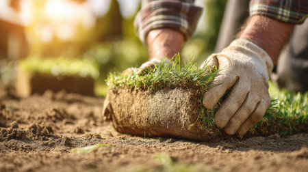 A focused view of hands in gardening gloves carefully laying fresh grass sod onto prepared soil, demonstrating the beauty of outdoor gardening under warm sunlight.の素材