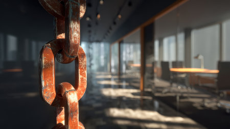 A striking close-up of a rusty chain link set against a modern office background. The interplay of natural light and shadows highlights the industrial charm of the space.の素材