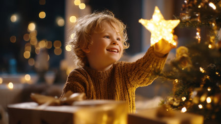 A cheerful child with curly hair joyfully decorates a Christmas tree with a glowing star ornament in a warm and inviting living room filled with festive lights.の素材