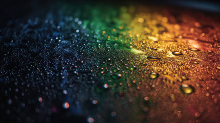 A close-up view of raindrops glistening on a dark surface, showcasing a stunning gradient of rainbow colors with beautiful reflections and a vibrant, creative aesthetic.の素材