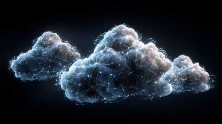 A stunning digital illustration of clouds formed with interconnected geometric patterns and nodes, ideal for themes of technology, innovation, and modern design.の素材
