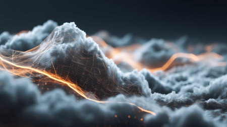 A stunning composition of ethereal clouds enhanced with glowing lines, creating a whimsical landscape that beautifully merges light and shadow for a captivating visual experience.の素材